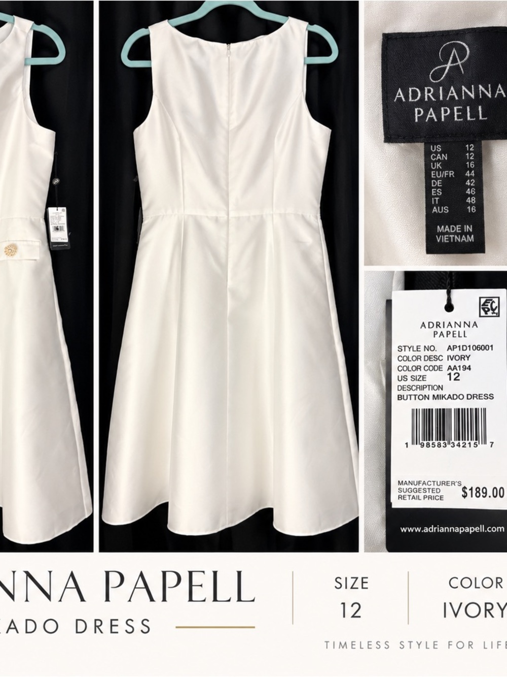 NWT Adrianna Papell Ivory Mikado Dress Size 12 Jeweled Buttons $189